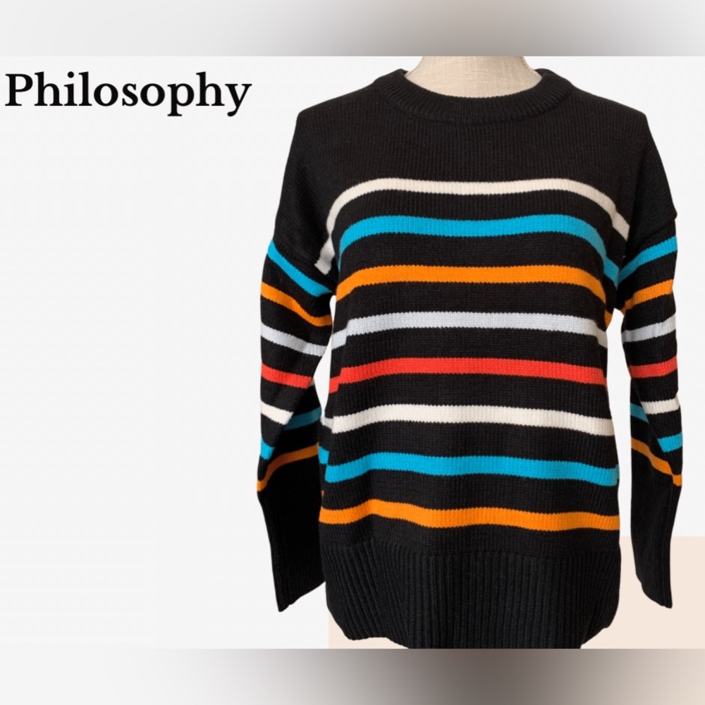 Effortless Black Multi Stripe Crew Neck Sweater by Philosophy Republic Clothing.